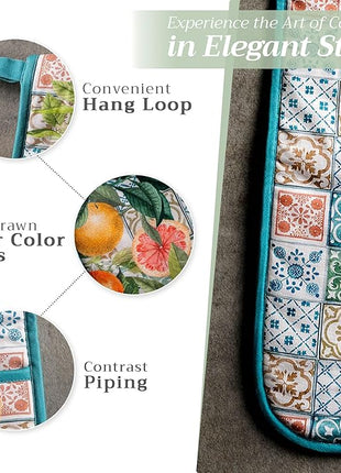 Maison d' Hermine Double Oven Mitts 100% Cotton 7"x35" Double Oven Mitt Heat Resistant BBQ Cooking Gloves with Loop, Baking, Grilling, Home, Kitchen, Handling Hot Pans Spring Summer (Agrume)