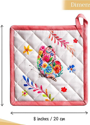 Maison d' Hermine Pot Holders 100% Cotton Heat Resistant Potholders 8" x 8" Hot Pads with Loop BBQ, Cooking, Grilling, Kitchen, Handling Hot Pans Spring/Summer (Pack of 1, Happy Florals - High Summer)
