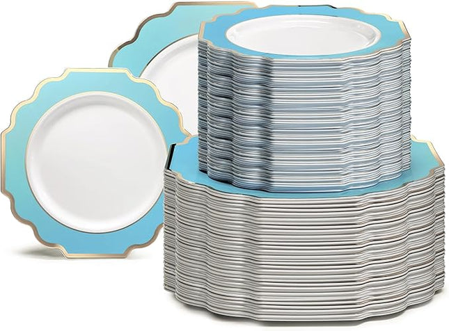" OCCASIONS " 240 Plates Pack (120 Guests) Heavyweight Wedding Party Disposable Plastic Plates Set -120 x 10.5'' Dinner + 120 x 8'' Salad/Dessert Plate (Imperial Aqua/Gold)