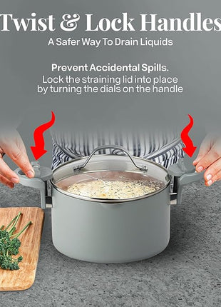 Gotham Steel 5 Quart Stock Pot Multipurpose Pasta Pot with Strainer Lid & Twist and Lock Handles, Ceramic Nonstick Cooking Pots + Pasta Strainer Lid, Spaghetti Pot, Dishwasher Safe