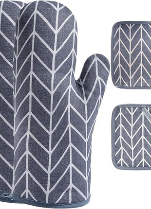 Oven Mitts and Potholders BBQ Gloves-Oven Mitts and Pot Holders with Recycled Infill Silicone Non-Slip Cooking Gloves for Cooking Baking Grilling (4-Piece Set) (Grey-02)