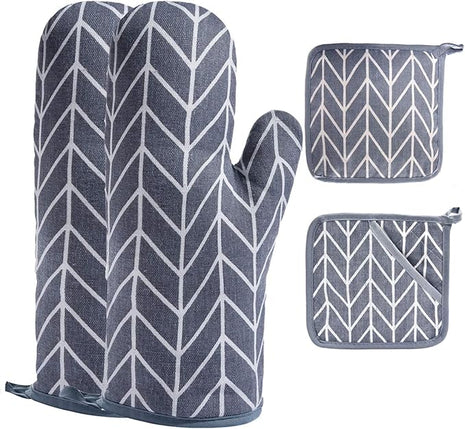 Oven Mitts and Potholders BBQ Gloves-Oven Mitts and Pot Holders with Recycled Infill Silicone Non-Slip Cooking Gloves for Cooking Baking Grilling (4-Piece Set) (Grey-02)