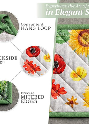 Maison d' Hermine 100% Cotton Oven Mitt & Pot Holder Set (7.5"x13" & 8"x8") Heat Resistant BBQ Cooking Gloves with Loop, Baking, Grilling, Kitchen, Handling Hot Pans Spring/Summer (Basse Cour)