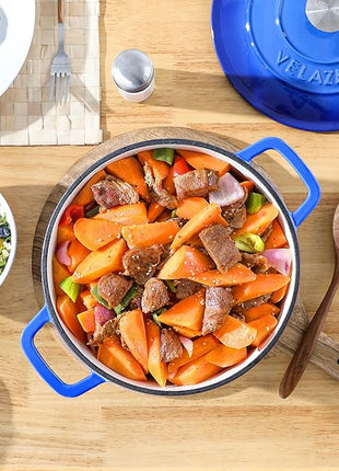 Velaze 6 QT Enameled Dutch Oven Pot with Lid, Cast Iron Dutch Oven with Dual Handles for Sourdough Bread Baking, Cooking, Non-stick Enamel Coated Cookware (Blue)