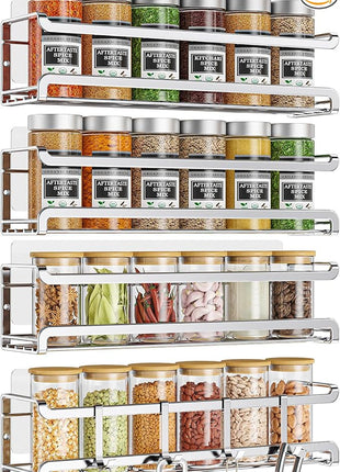 Spice Rack wall mounted 4 Pack, Space-Saving Spice Organizer for Spice Jars and Seasonings,Screw or Adhesive Hanging Spice Rack Organizer for Your Kitchen Cabinet,or Pantry Door,Chrome