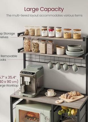 VASAGLE Bakers Rack with Power Outlet, 35.4 Inches Microwave Stand, Coffee Bar, 4 AC Outlets, with Adjustable Shelves, 8 S-Hooks, Basket, Spice Racks, Heather Greige and Ink Black UKKS031K02