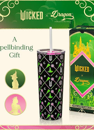 Dragon Glassware x WICKED Vacuum Insulated Tumbler with Lid and Straw - 24 oz Tumbler Cup with 2 Straws - Stainless Steel Tumbler with Straw for Water, Iced Tea - Wicked Movie Green Tumbler with Straw
