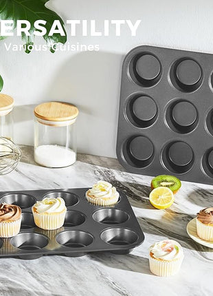 HONGBAKE Muffin Pan for Baking, Nonstick Cupcake Tin 12 Cup, 2 Pack Cup Cake Tray, Premium Cheesecake Pans, Dishwasher Safe - Dark Grey