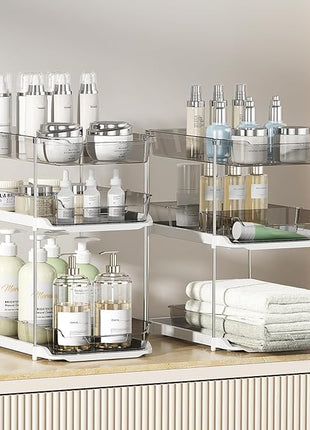 Delamu 2 Pack 3-Tier Bathroom Under Sink Organizers and Storage, Multi-Purpose Stackable Pantry Organization and Storage, Pull Out Clear Kitchen Bathroom Cabinet Organizer with Movable Dividers, Grey