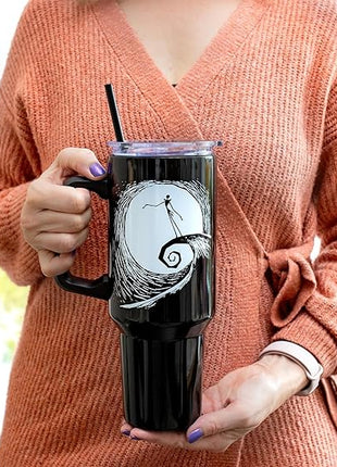 Silver Buffalo Disney Nightmare Before Christmas by Tim Burton Jack Skellington Hill and Moon Drawing Stainless Steel Tumbler with Handle and Straw, Fits in Standard Cup Holder, 40 Ounces