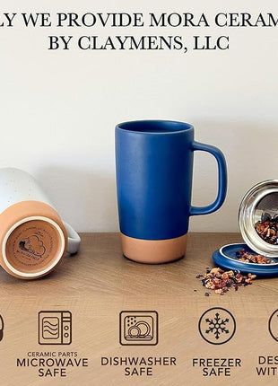 Mora Ceramics Large Tea Mug with Loose Leaf Infuser and Ceramic Lid, 18 oz, Portable, Microwave and Dishwasher Safe, Tall Coffee Cup - Rustic Matte Ceramic Glaze, Modern Herbal Tea Strainer, Deep Blue