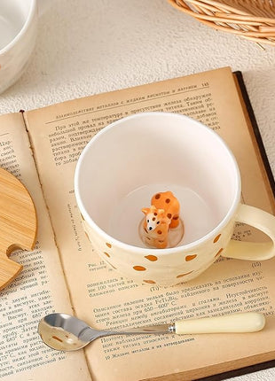 Giraffe Mug Cute Coffee Mug with 3D Animal Inside Ceramic Tea Cup with Lid Spoon Cool Animal Stuff Unique Friendship Birthday Gifts for Women Men Friend Coworkers Sister Kids Giraffe Christmas Gifts