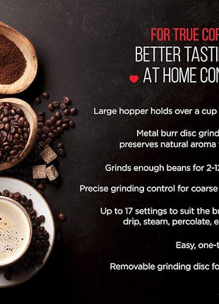 Chefman Coffee Grinder Electric Burr Mill - Freshly Grinds Up to 2.8oz Beans, Large Hopper with 17 Grinding Options for 2-12 Cups, Easy One Touch Operation, Cleaning Brush Included, Black