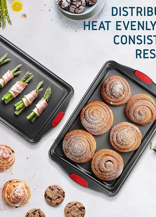 JOYTABLE Baking Sheet, 2PC Cookie Sheet Set with Silicone Handles, Nonstick Steel Baking Pan, Baking Sheets for Oven, BPA Free Baking Pans Set, Cookie Sheets– Black Bakeware, Small & Medium