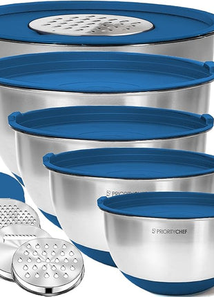 Priority Chef Stainless Steel Mixing Bowls with Lids Set, 3 Grater Attachments, Airtight Lids, Non-Slip Silicone Base Mixing Bowl Set, Large Prep Metal Mixing Bowls for Kitchen, Blue
