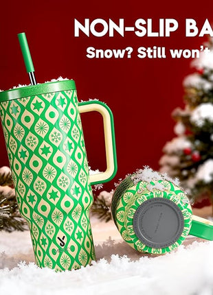 Meoky 40 oz Christmas Tumbler with Handle and Straw, Xmas Tumbler with Lid and Straw, Insulated Stainless Steel Travel Mug, Christmas Gifts for Women Men Adults (Emerald Cheer)