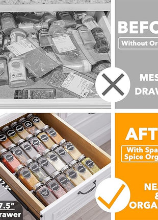 SpaceAid Spice Drawer Organizer with 24 Spice Jars, 386 Spice Labels, 4 Tier Seasoning Rack Tray Insert for Kitchen Drawers, 11.25" Wide x 17.5" Deep