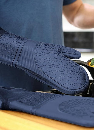 BPA-Free Soft Silicone Oven Mitts - Ultra Heat Resistant Oven Mitts with Thick Cotton Liner - Extra Long Slip Resistant Pot Holders, Flexible Oven Gloves - Navy 14.7"