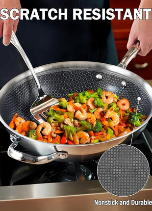 Cooks Standard 12-Inch Hybrid Nonstick Wok with Tempered Glass Lid, Multi-Ply Clad Stainless Steel Flat Bottom Wok Stit Fry Pan, Oven Safe, Induction Ready, Compatible with All Stovetops