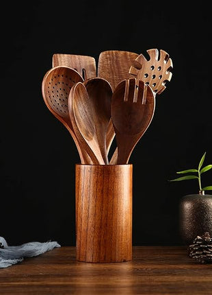 Wooden Kitchen Cooking Utensils, NAYAHOSE 8 Pcs Natural Teak Wooden Spoons Spatulas and Wooden Storage Barrel for Non-stick Pan