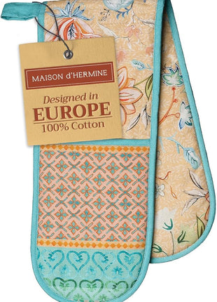 Maison d' Hermine Double Oven Mitts 100% Cotton 7"x35" Double Oven Mitt Heat Resistant BBQ Cooking Gloves with Loop, Baking, Grilling, Kitchen, Handling Hot Pans Spring Summer (Luxury Loft – Peach)