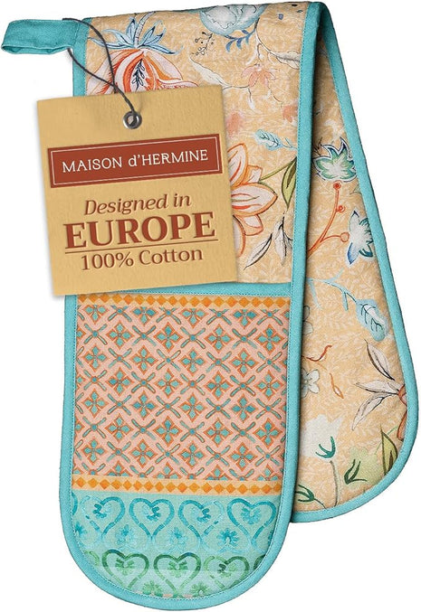 Maison d' Hermine Double Oven Mitts 100% Cotton 7"x35" Double Oven Mitt Heat Resistant BBQ Cooking Gloves with Loop, Baking, Grilling, Kitchen, Handling Hot Pans Spring Summer (Luxury Loft – Peach)