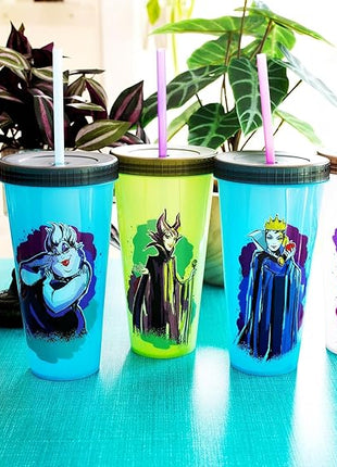 Silver Buffalo Disney Villains 4 pack Color Change Plastic Tumbler Featuring The Evil Queen, Cruella De Vil, Ursula, and Maleficent, 24 Ounces