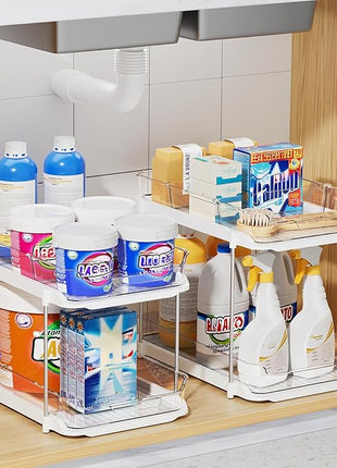 Delamu 4 Pack 2-Tier Bathroom Under Sink Organizers and Storage, Multi-Purpose Stackable Pantry Organization and Storage, Pull Out Clear Kitchen Bathroom Cabinet Organizer with Movable Dividers, White