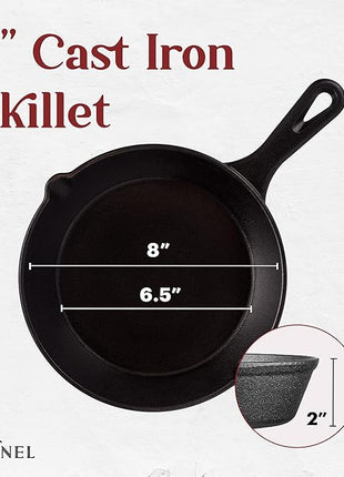 Cuisinel Cast Iron Skillet with Lid - 8"-Inch Frying Pan + Glass Cover + Silicone Grip Handle Holder - Pre-Seasoned Cookware - Indoor/Outdoor, Grill, Stovetop, Camping Fire, Induction Oven Use