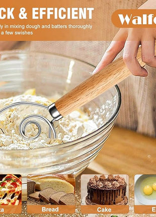 Walfos Wood Danish Dough Whisk, Wooden Sourdough Mixer With Stainless Steel Ring, Kitchen Hand Bread Whisking Tool for Cake, Pizza, Pastry, Biscuits
