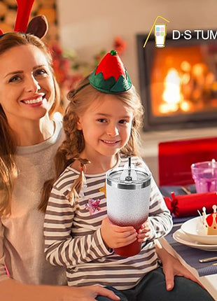 D·S 30 oz Tumbler Christmas Red Glitter Gradient Cup Stainless Steel Double Wall Vacuum Insulated Mug with Straw and Lid, Cleaning Brush for Cold and Hot Beverages