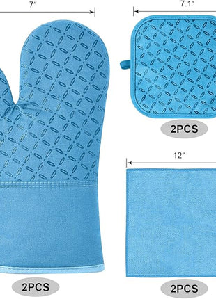 KEGOUU Oven Mitts and Pot Holders 6pcs Set, Kitchen Oven Glove High Heat Resistant 500 Degree Extra Long Oven Mitts and Potholder with Non-Slip Silicone Surface for Cooking (Sky Blue)