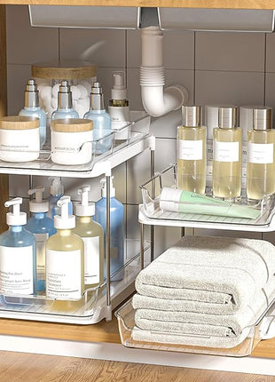 Delamu 2-Tier Multi-Purpose Bathroom Under Sink Organizers and Storage, Stackable Kitchen Pantry Organization, Pull Out Medicine Cabinet Organizer with Movable Dividers, White, 2 Pack