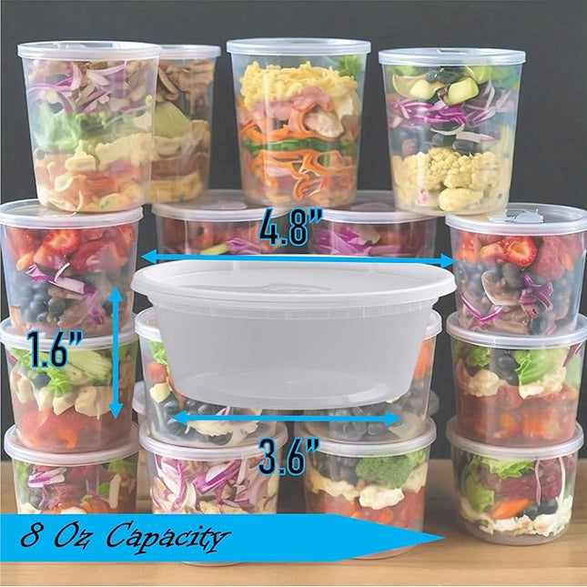 Mr Miracle 8OZ Deli Containers with Lids - 48 Pack of 8 oz Clear Airtight Reusable Plastic Food and Multi-Purpose Deli Containers - Microwave, Freezer, and Dishwasher Safe