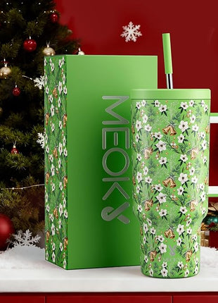 Meoky 40 oz Christmas Tumbler with Handle and Straw, Xmas Tumbler with Lid and Straw, Insulated Stainless Steel Travel Mug, Christmas Gifts for Women Men Adults (Jingle Bloom)