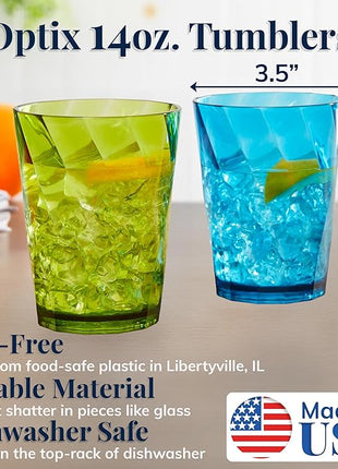 US Acrylic Optix Plastic Reusable Drinking Glasses (Set of 8) 14oz Rocks Cups in Jewel Tone Colors | BPA-Free Tumblers, Made in USA | Top-Rack Dishwasher Safe