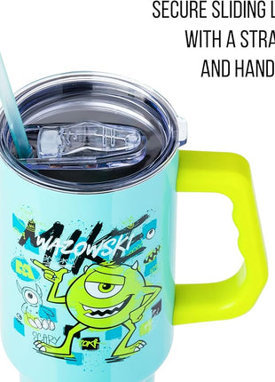 Silver Buffalo Disney Pixar Monsters Inc. Stainless Steel Tumbler with Handle Featuring Mike Wazowski, Fits in Standard Cup Holder, 40 Ounces