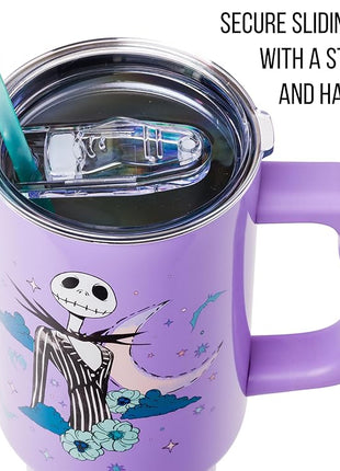 Silver Buffalo Disney Nightmare Before Christmas by Tim Burton Jack Skellington Stainless Steel Tumbler with Handle and Straw, Fits in Standard Cup Holder, 40 Ounces