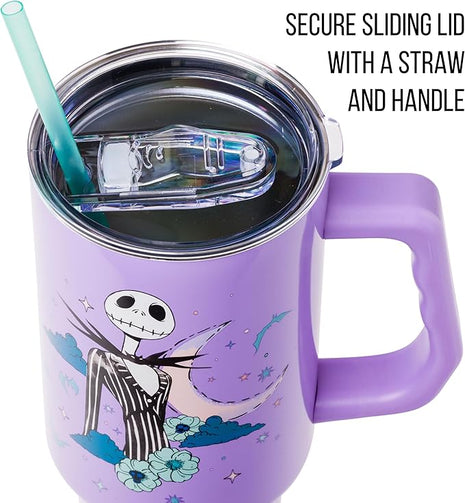 Silver Buffalo Disney Nightmare Before Christmas by Tim Burton Jack Skellington Stainless Steel Tumbler with Handle and Straw, Fits in Standard Cup Holder, 40 Ounces