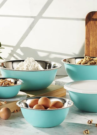 WHYSKO Stainless Steel Mixing Bowls With Lids Set, 5 Sizes Nesting Mixing Bowls for Your Kitchen Meal Prep, Cooking, Baking, and Food Storage (Blue Bowls with White Lids)