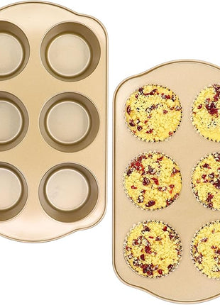 Jumbo Muffin Pan 2 Pack, Nonstick Large Cupcake Pan 6 Cup, Heavy Duty 0.5mm Thick Steel Big Muffin Tins for Baking, 3.5inch Dia, Gold