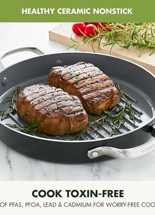 GreenPan Valencia Pro Hard Anodized Healthy Ceramic Nonstick 11" Grill Pan, PFAS-Free, Induction, Dishwasher Safe, Oven Safe, Gray