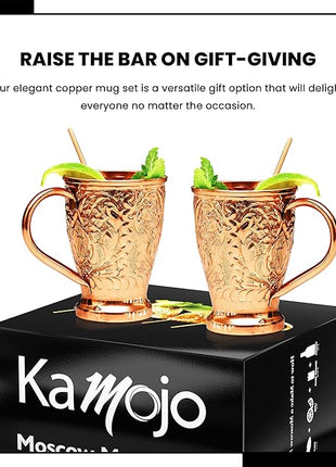 Copper Cups Set of 2 with Unique Handcrafted Embossed Design with Anti-Tarnish Food-Grade Coating - Moscow Mule Copper Mugs Gift Set with 2 Straws & Recipe E-Book, 16 oz