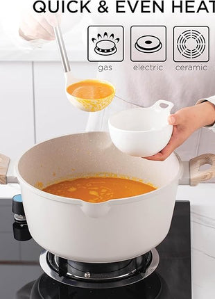 Country Kitchen Non-Stick Cast Aluminum Cookware Set - Durable Kitchen Cookware for Everyday Cooking, Cream Round Handle, 11 Pc.