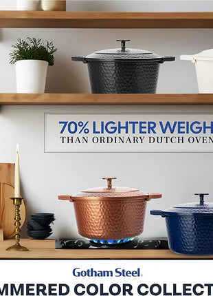 Gotham Steel Hammered 5 Qt Lightweight Dutch Oven Pot with Lid & Holders, Ceramic Non Toxic, Oven Safe & Even Heat Retaining Dutch Oven for Bread Baking Sourdough, Soup, 70% Lighter than Cast Iron