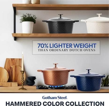 Gotham Steel Hammered 5 Qt Lightweight Dutch Oven Pot with Lid & Holders, Ceramic Non Toxic, Oven Safe & Even Heat Retaining Dutch Oven for Bread Baking Sourdough, Soup, 70% Lighter than Cast Iron