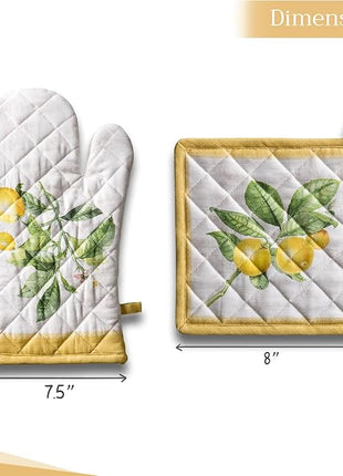 Maison d' Hermine 100% Cotton Oven Mitt & Pot Holder Set (7.5"x13" & 8"x8") Heat Resistant BBQ Cooking Gloves with Loop, Baking, Grilling, Kitchen, Handling Hot Pans Spring/Summer (Limoncello)