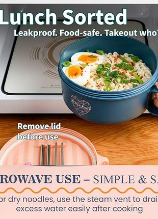 AI LOVE PEACE Ramen Bowl, 40 oz Microwaveable Noodle Cooker for Ramen, Pho, Soup, and Pasta, Dishwasher Safe and Portable, Ideal for Home, Office, Dorm, or Gift (Pink)
