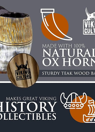Viking Culture Ox Horn Mug, Shot Glass, and Axe Bottle Opener (3 Pc. Set) Authentic 16-oz. Ale, Mead, and Beer Tankard | Vintage Stein with Handle | Custom Intricate Design - Natural Finish | The Jarl