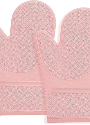Hovico Silicone Oven Mitts, Heat Resistant 500F Kitchen Mitts 2PCS, 11.6" BPA-Free Soft Baking Gloves, Non-Slip Grip Oven Gloves with Soft Cotton Lining for Kitchen Cooking Baking BBQ - Pink